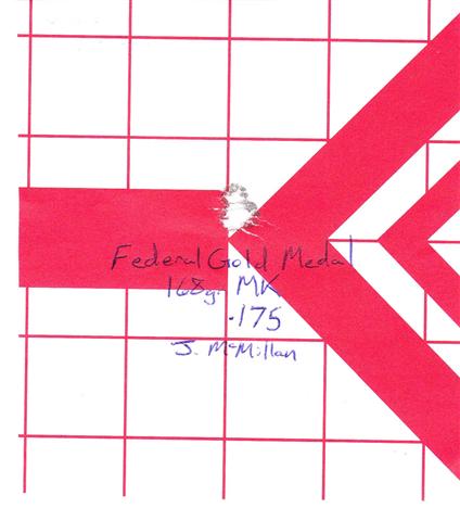 Three-shot 0.175″ group with Federal Gold Match 168 gr Match Kings